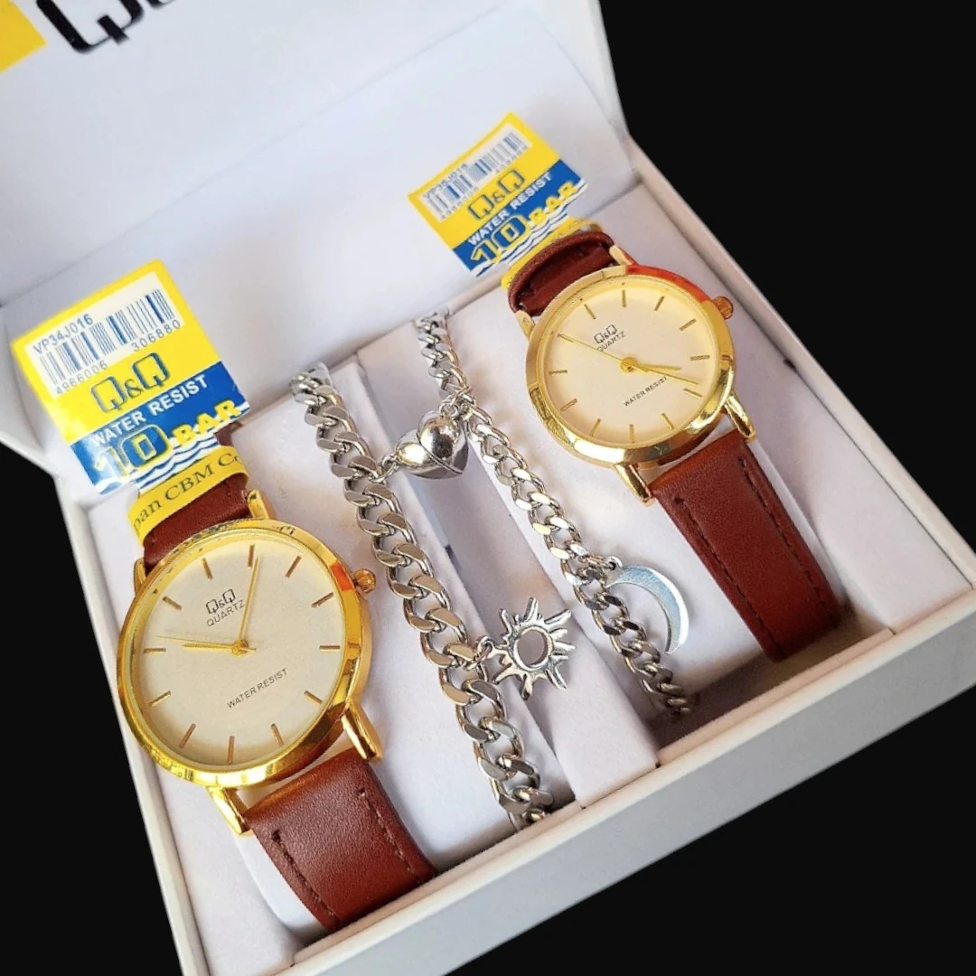 Pareja De Relojes Pulso Cuero Sintético + Esclavas En Acero Inoxidable Doble Dije Imantado + Estuche De Lujo 👫💕