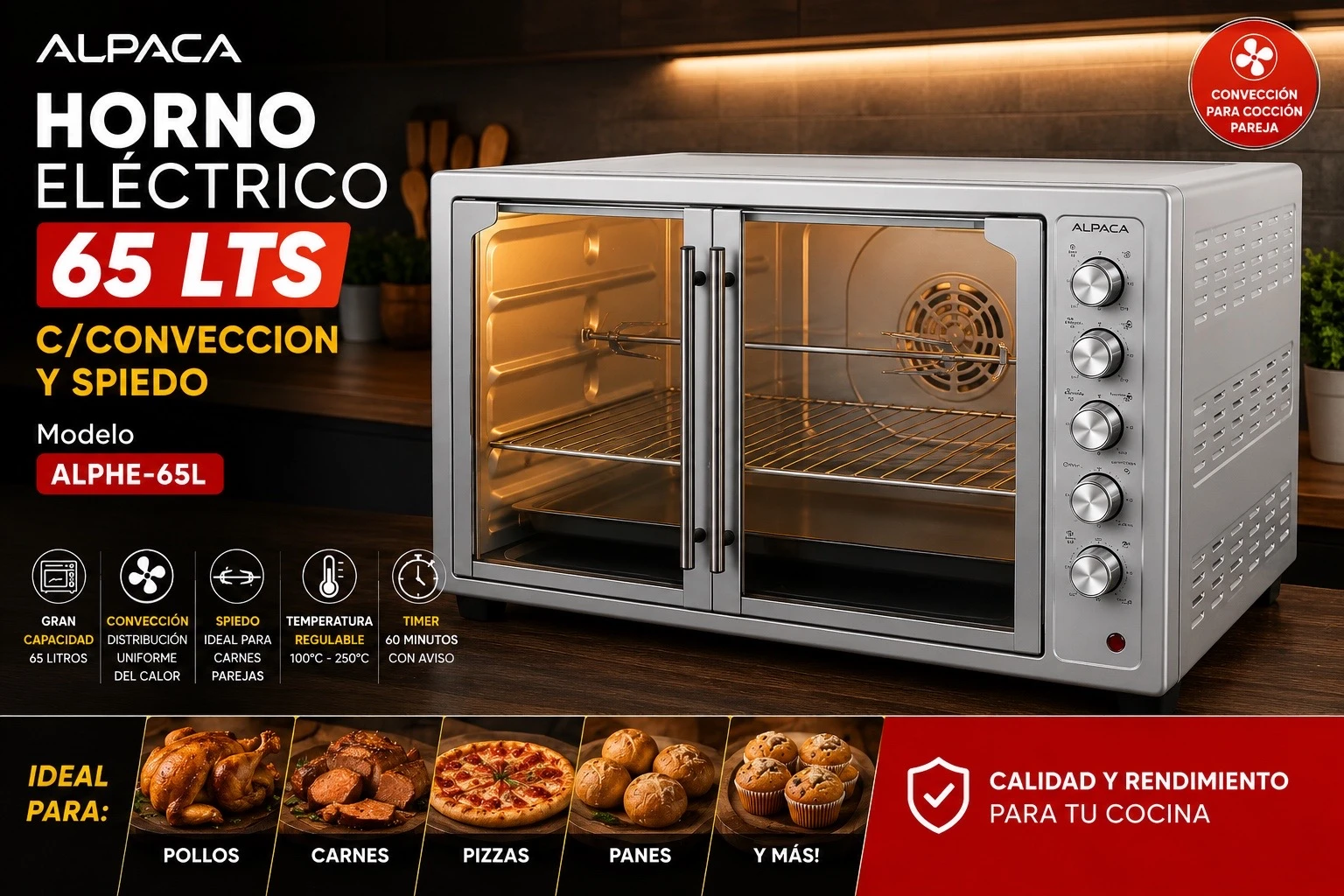 HORNO ELECTRICO ALPACA 65LTS C/CONVECCION Y SPIEDO