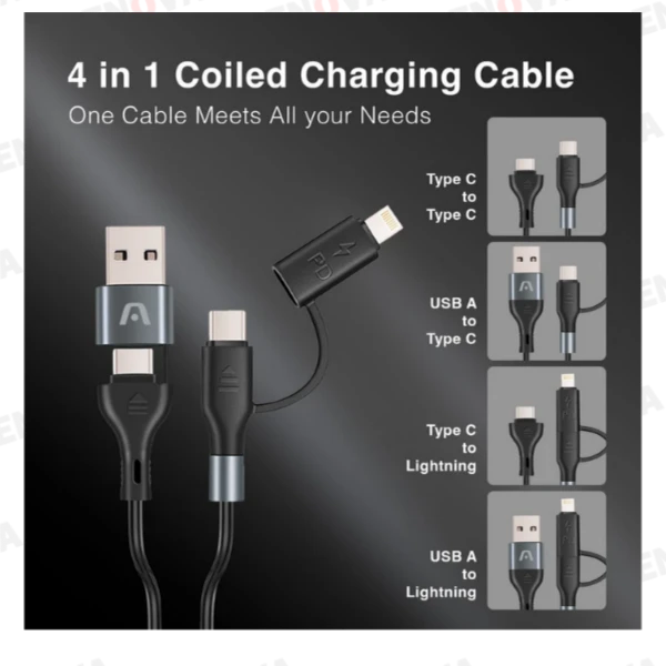Cable 4?en?1 carga rápida 60W, 1.5 m, negro