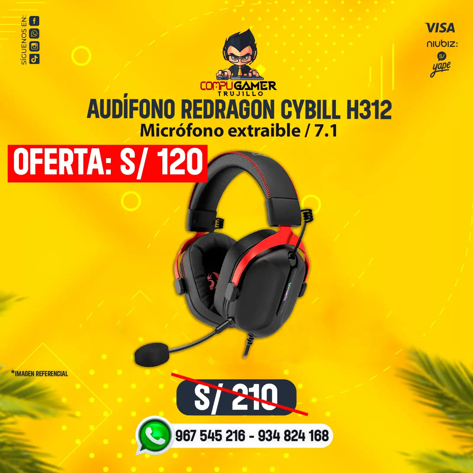AUDÍFONO GAMER CON MICRÓFONO REDRAGON CYBILL H312 7.1 BLACK 