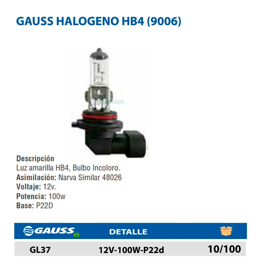 GAUSS HALOGENO HB4 (9006) 12V-100W-P22d