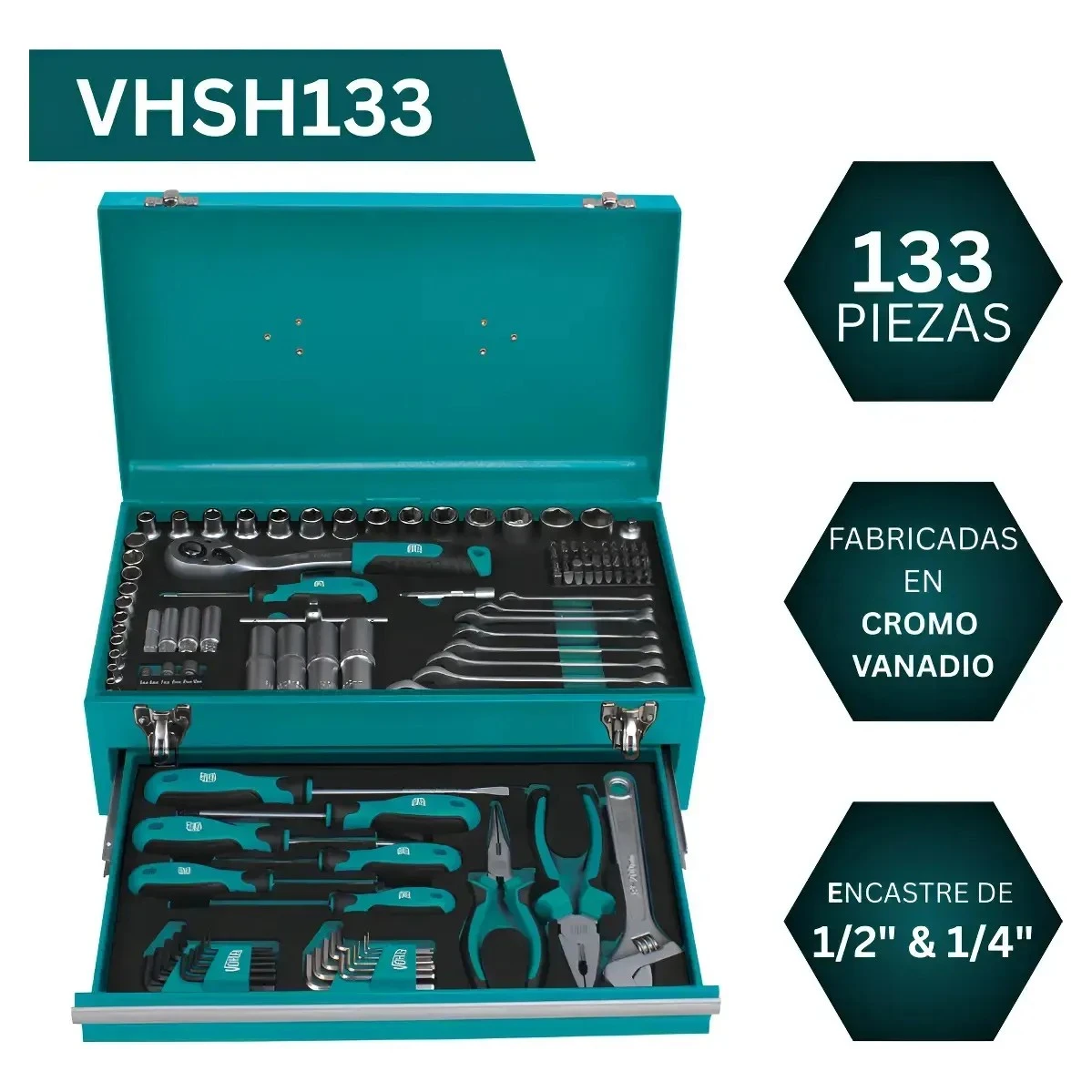 Caja Vöhler Gabinete Con Herramientas 133 Pzas Cromo Vanadio Azul Petróleo