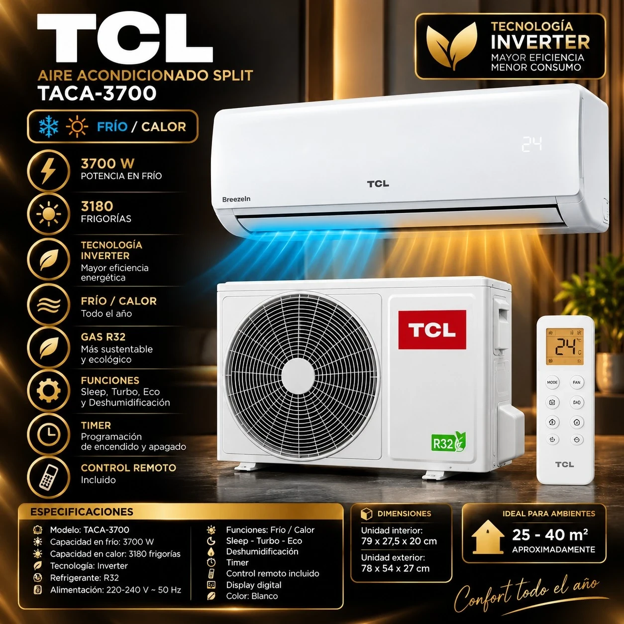 AIRE ACONDICIONADO TCL SPLIT FRIO CALOR 3700W *CONSULTA DISPONIBILIDAD CON EL VENDEDOR*
