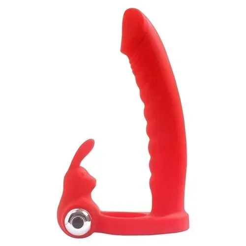 Anillo Doble Penetración Con Vibrador Strap On Rojo 3