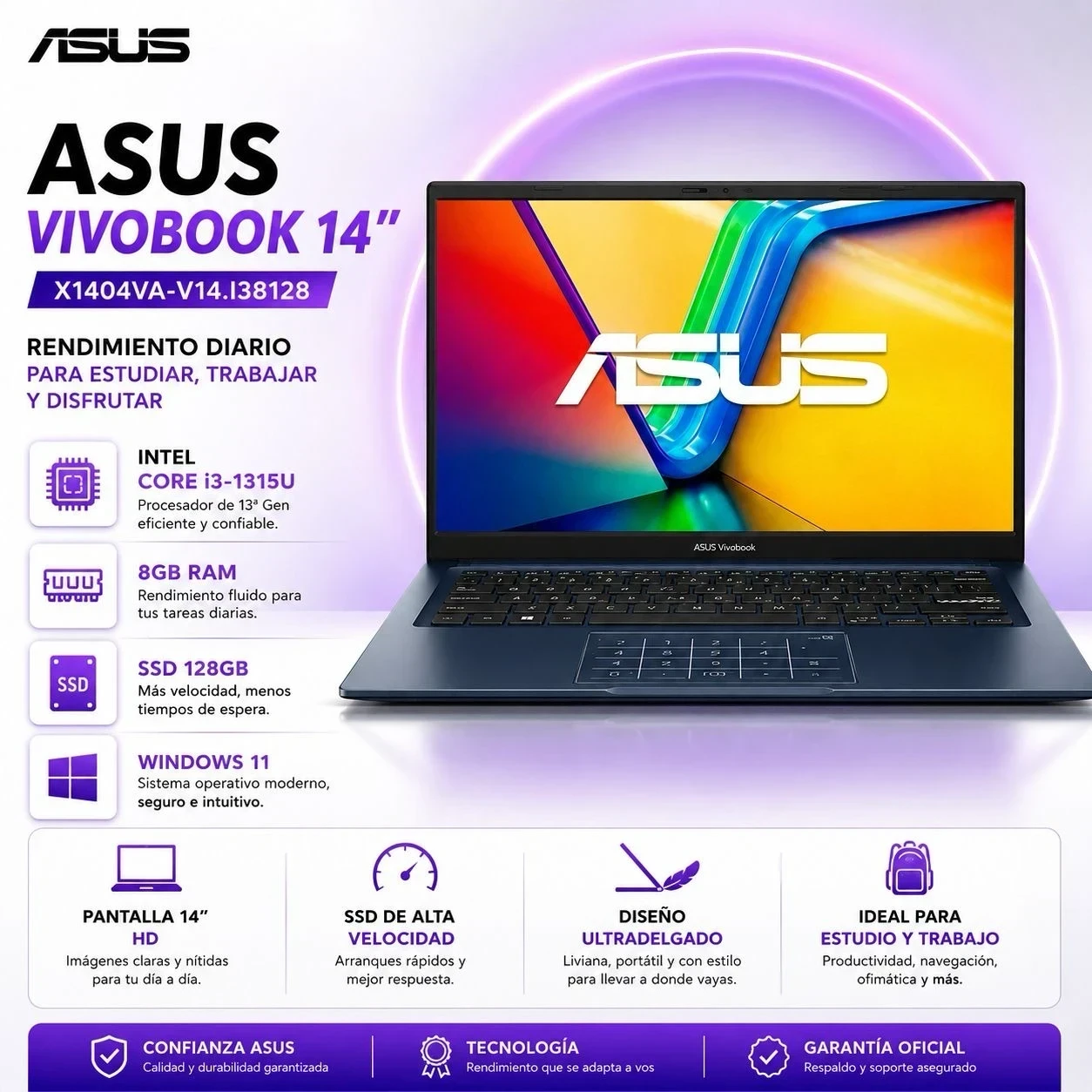 Notebook Asus Vivobook 14" (Intel Core I3-1315u | 8Gb Ram | 128Gb Ssd | Windows 11