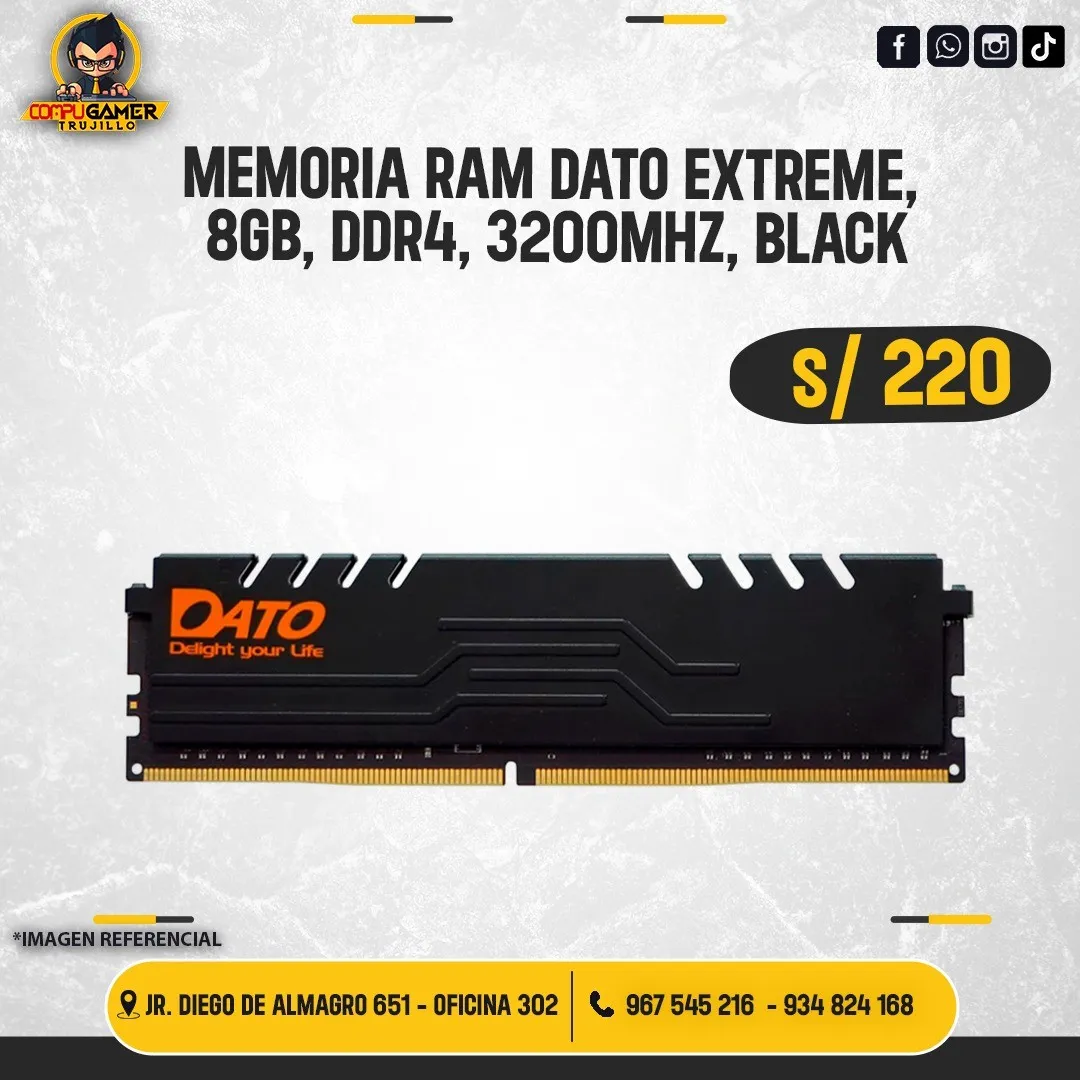 MEMORIA RAM DATO EXTREME, 7GB, DDR4, 3200MHZ, BLACK 