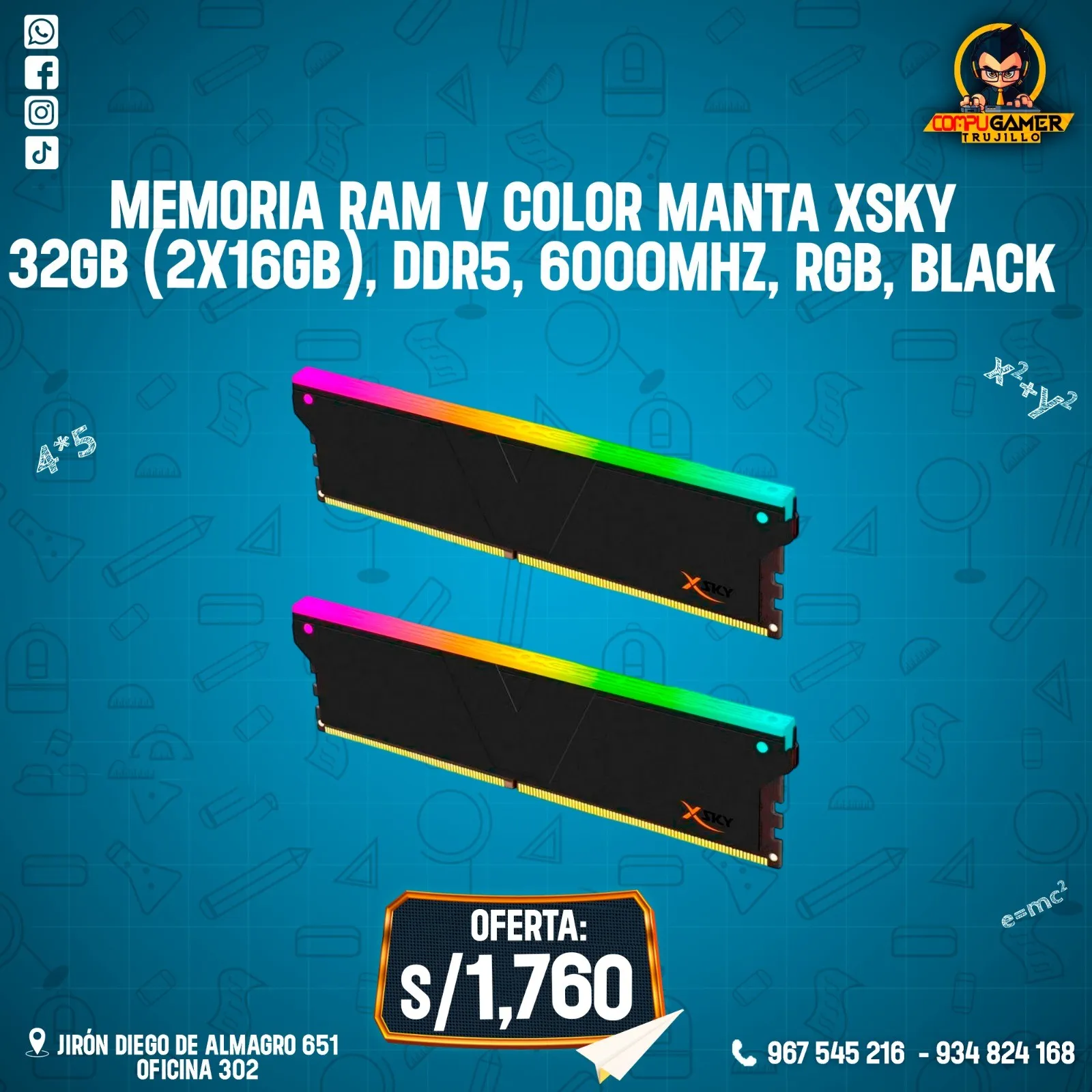 MEMORIA RAM V COLOR MANTA XSKY, 32GB (2X16), DDR5, 6000MHZ, RGB, BLACK