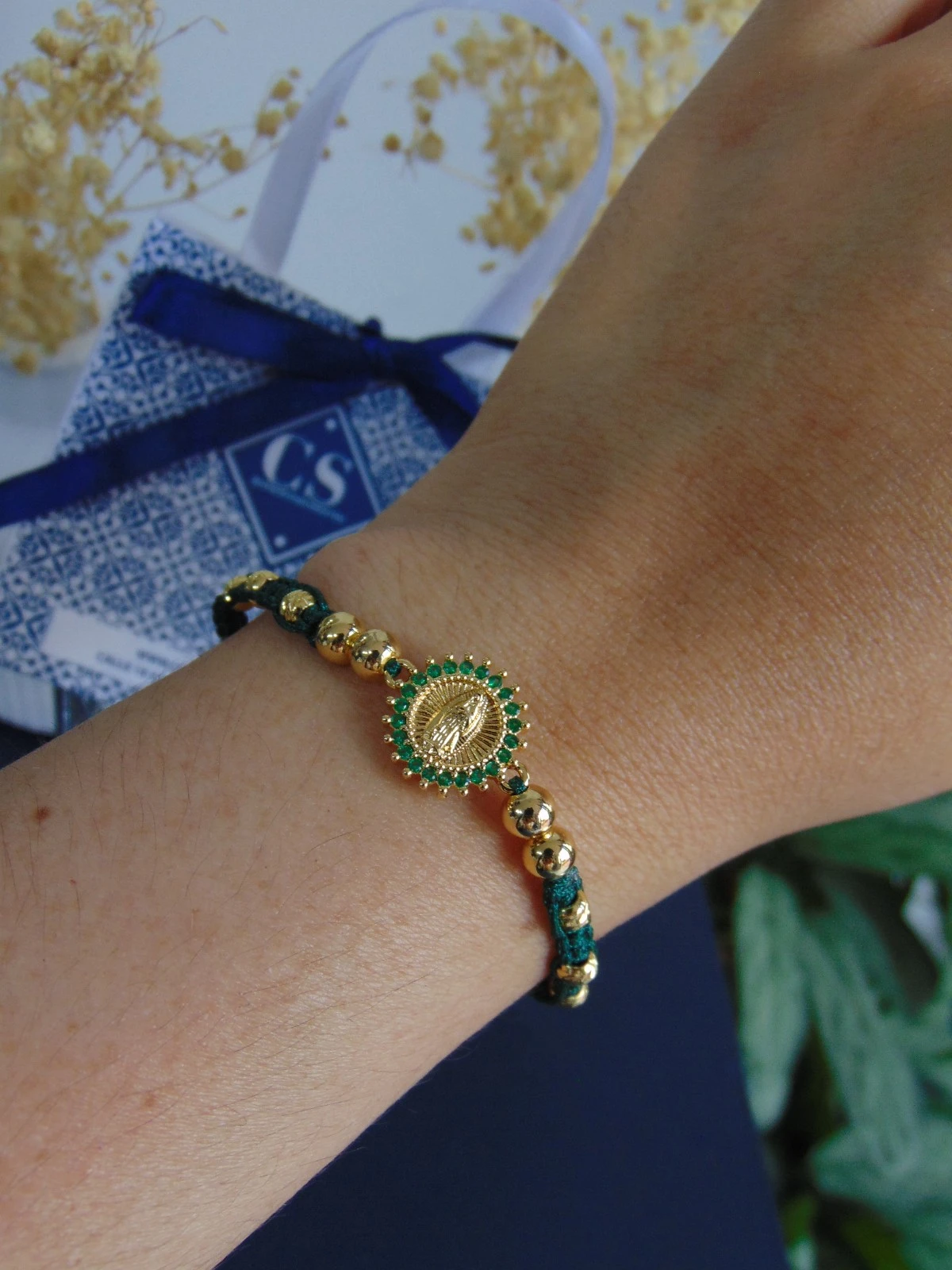 PULSERA RODIO DOR TEJIDA DIJE GUADA CIRCONES VERDES