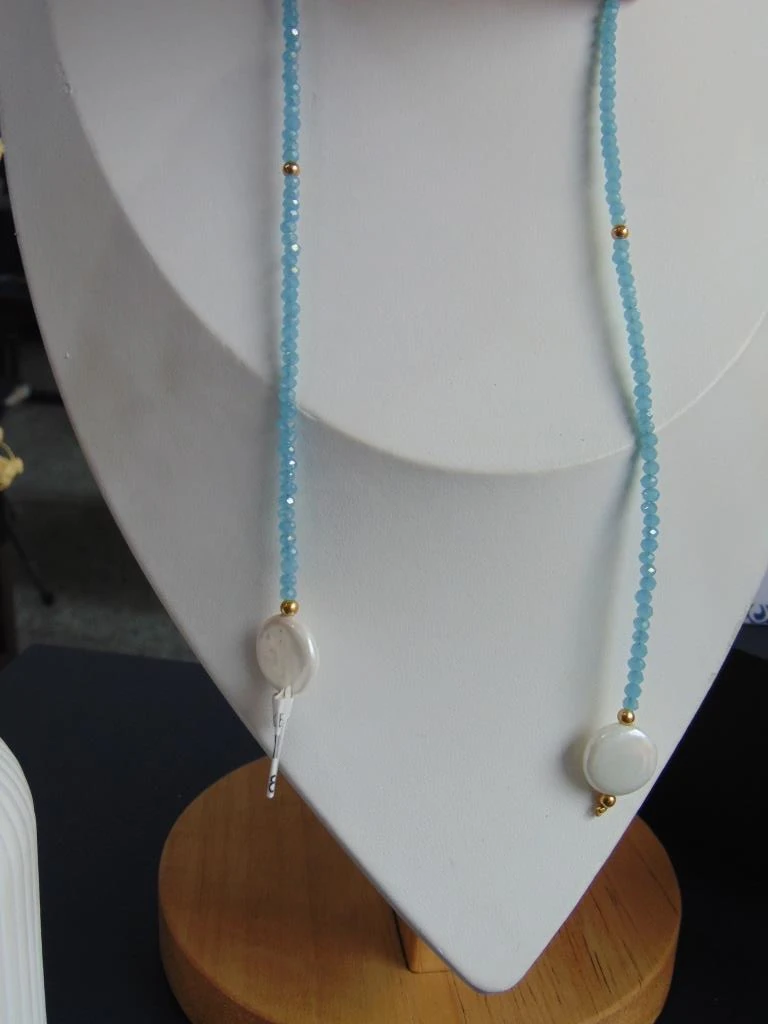 CHOKER ACERO DOR LARGO MURANO AZUL HIELO PERLA 2
