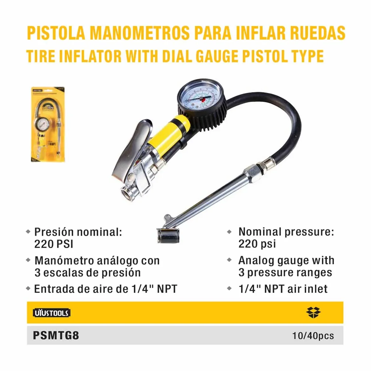 Pistola INFLADOR USO PESADO C/Manometro UYUST 220 PSI