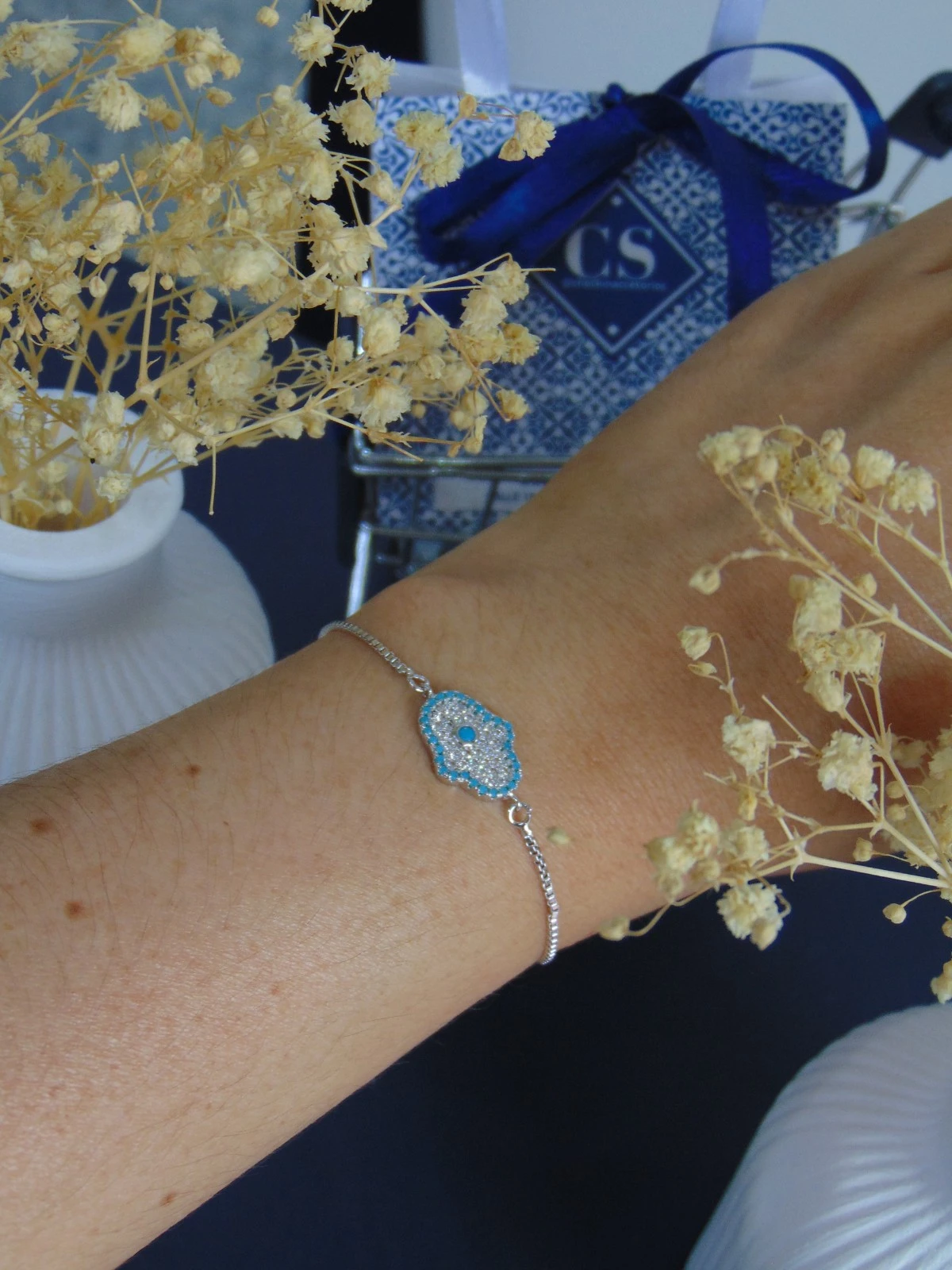 PULSERA RODIO PLATE DIJE MANO HAMSA TURQUEZA