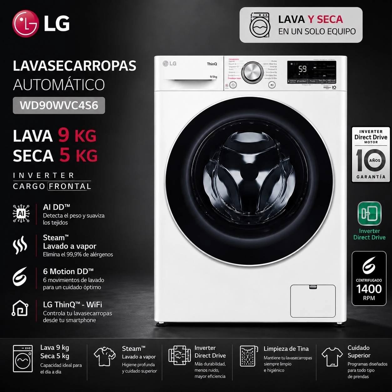 LAVASECARROPAS LG 9/5KG WD90WVC4S6 INVERTER BLANCO  1400RPM*