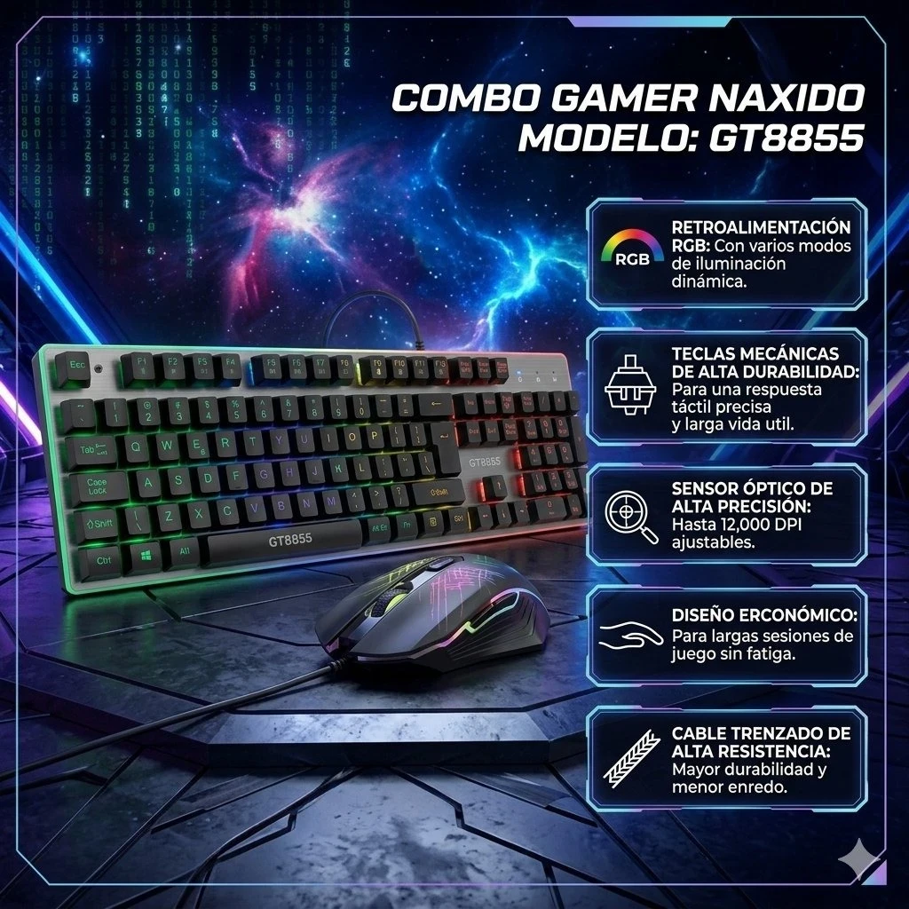 KIT GAMER (NAXIDO) TECLADO Y MOUSE  RGB  7200dpi Gt8855