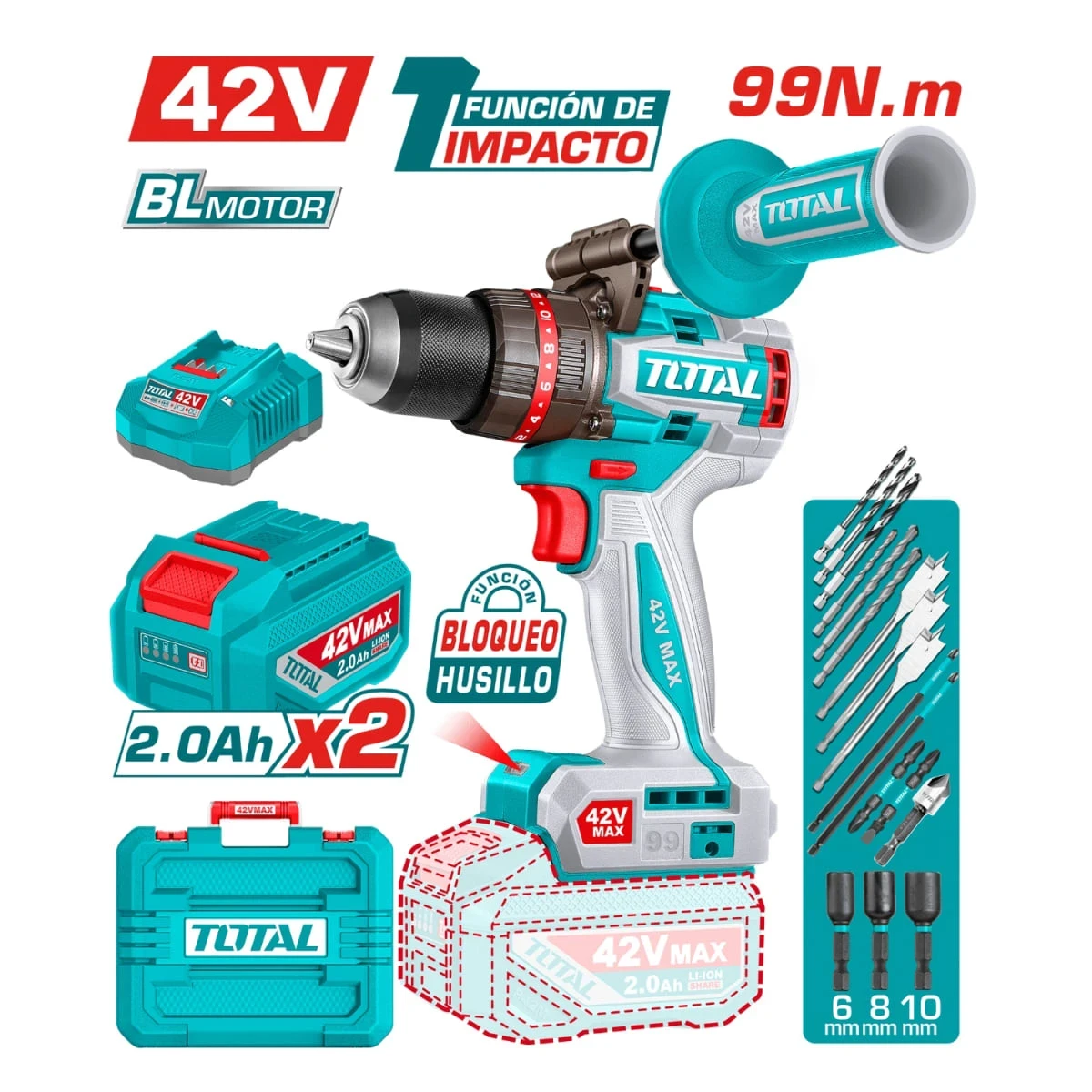TIDLI429982 Taladro percutor 99nm + 2 batería y cargador 42v total