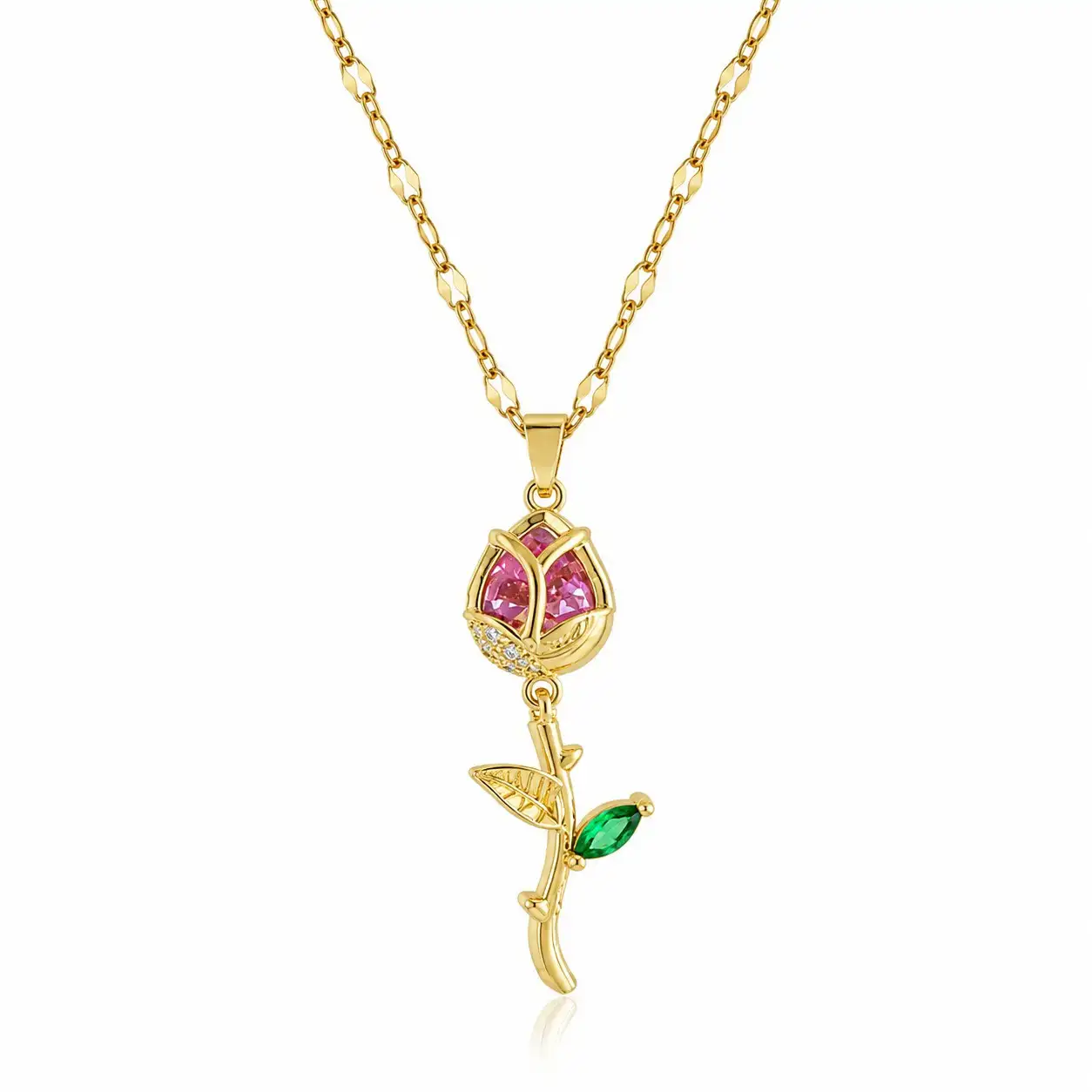 Cadena Y Dije En Acero Con Piedra Circon De Tulipan Rosa