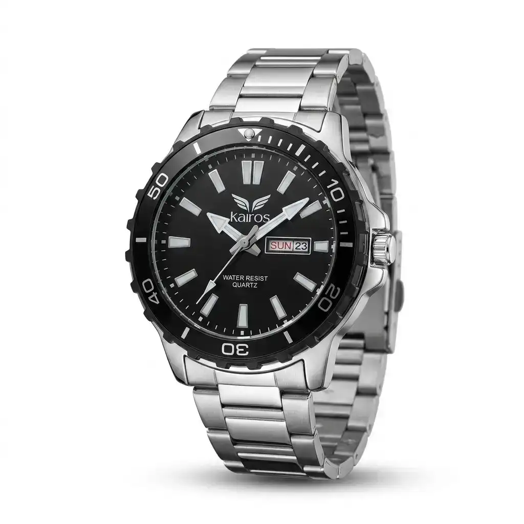 Reloj Kairos Original Acero Análogo Plateado Fondo Negro