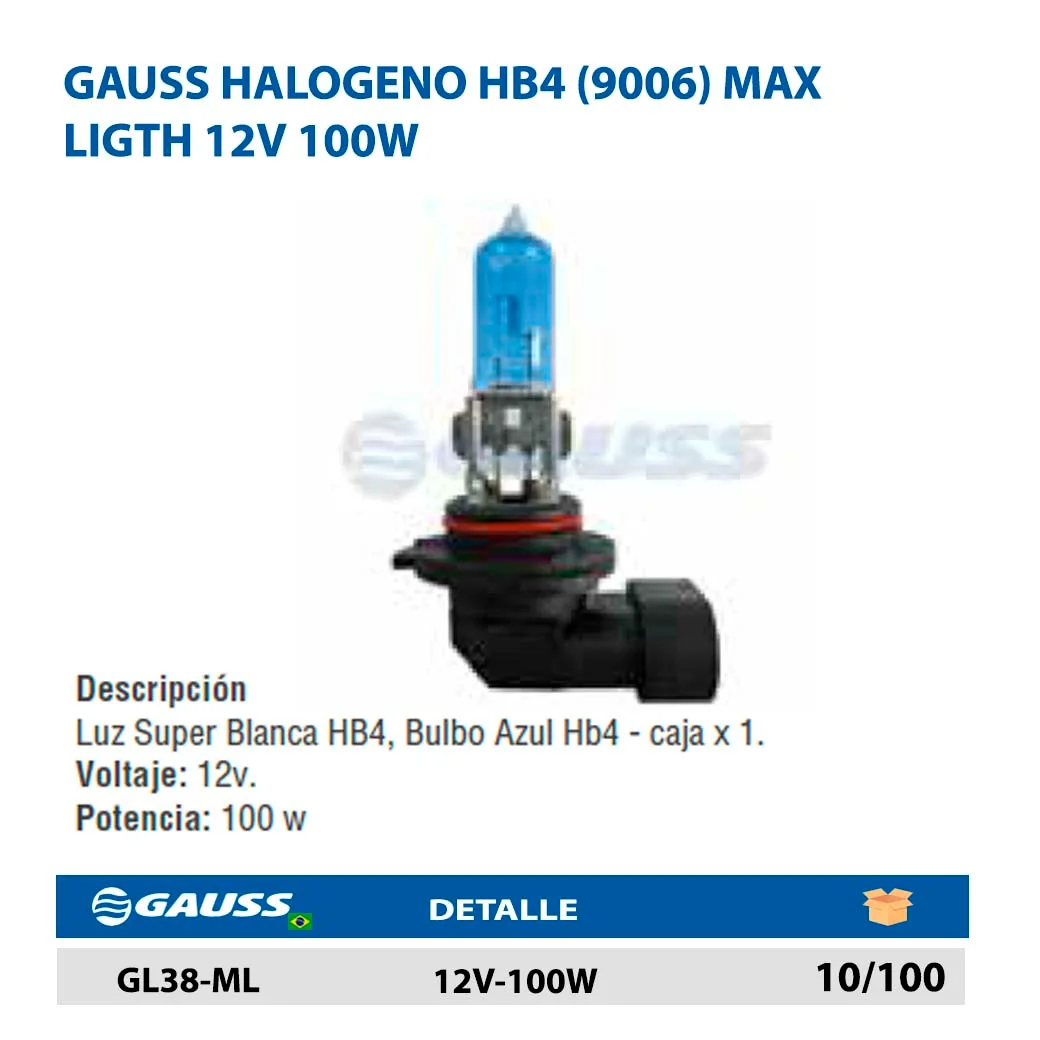 GAUSS HALOGENO HB4 (9006) MAX LIGTH 12V 100W 