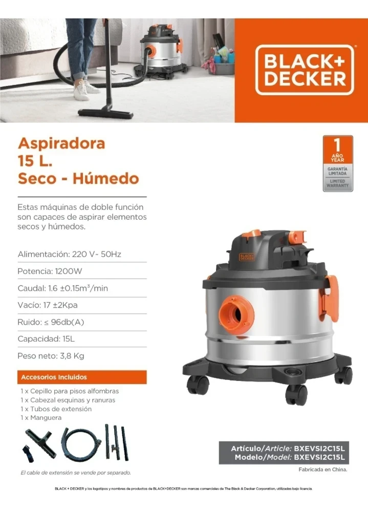 ASPIRADORA DE TACHO BLACK&DECKER 15LTS 1400W