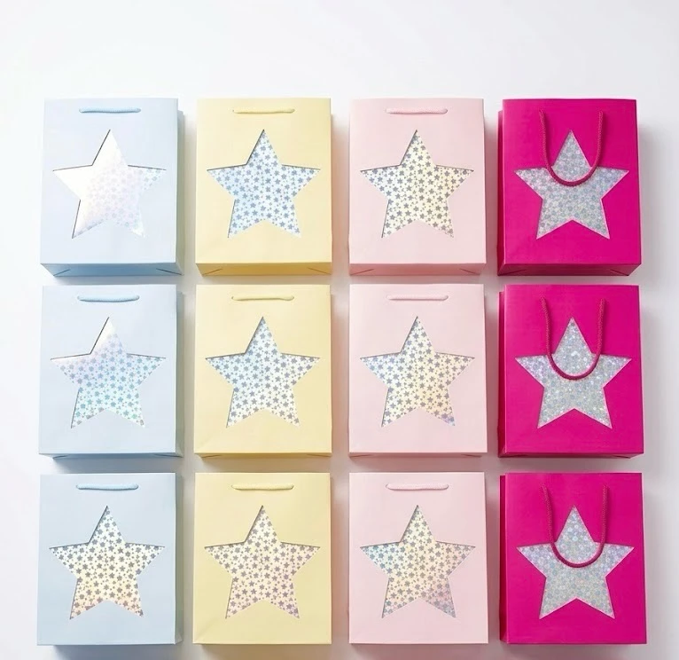 Set de Bolsas de Regalo Premium "Ventana Estrella": Docena de Colores Pastel 2