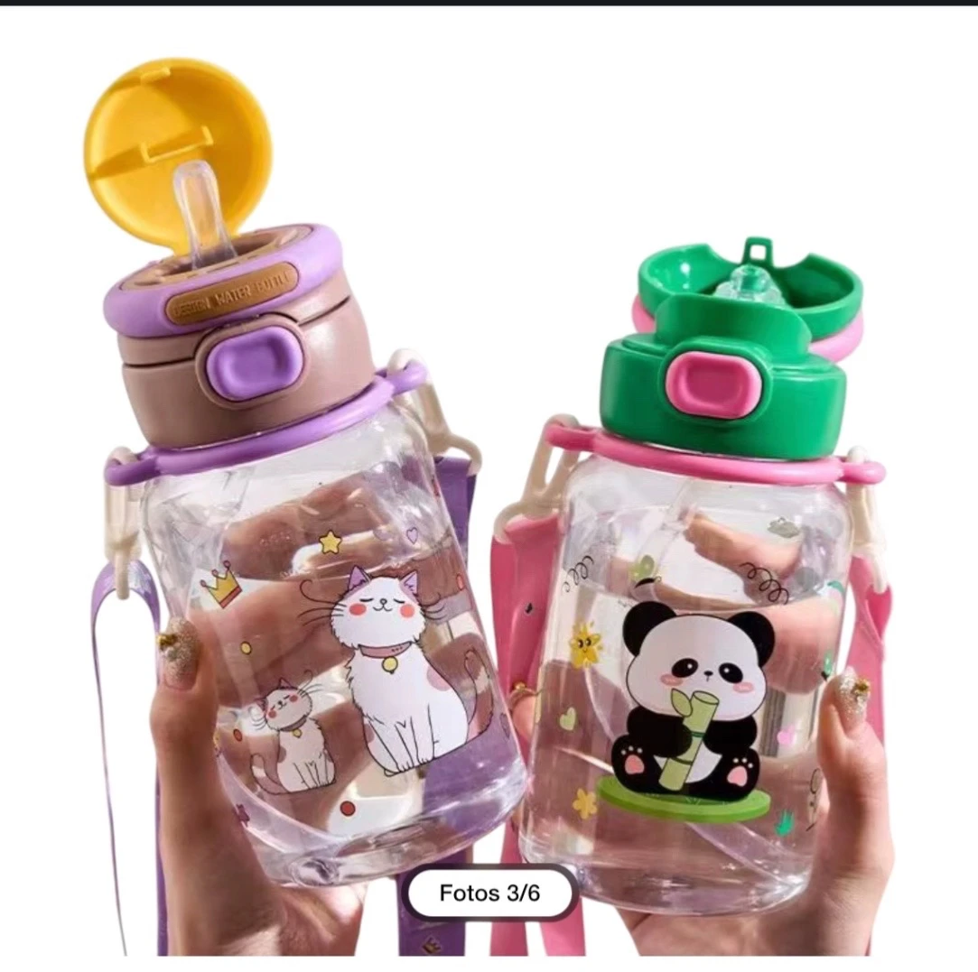 Cantimplora Infantil Kawaii Doble Boquilla con Correa Ajustable 4