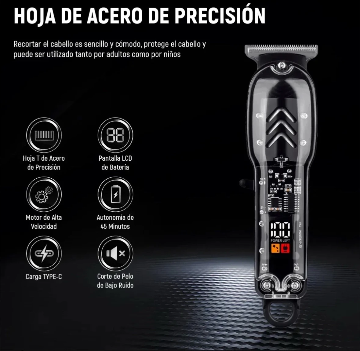 Rasuradora Recortadora Barbería Transparente LED USB – Máquina Patillera Cortadora de Cabello y Barba 8