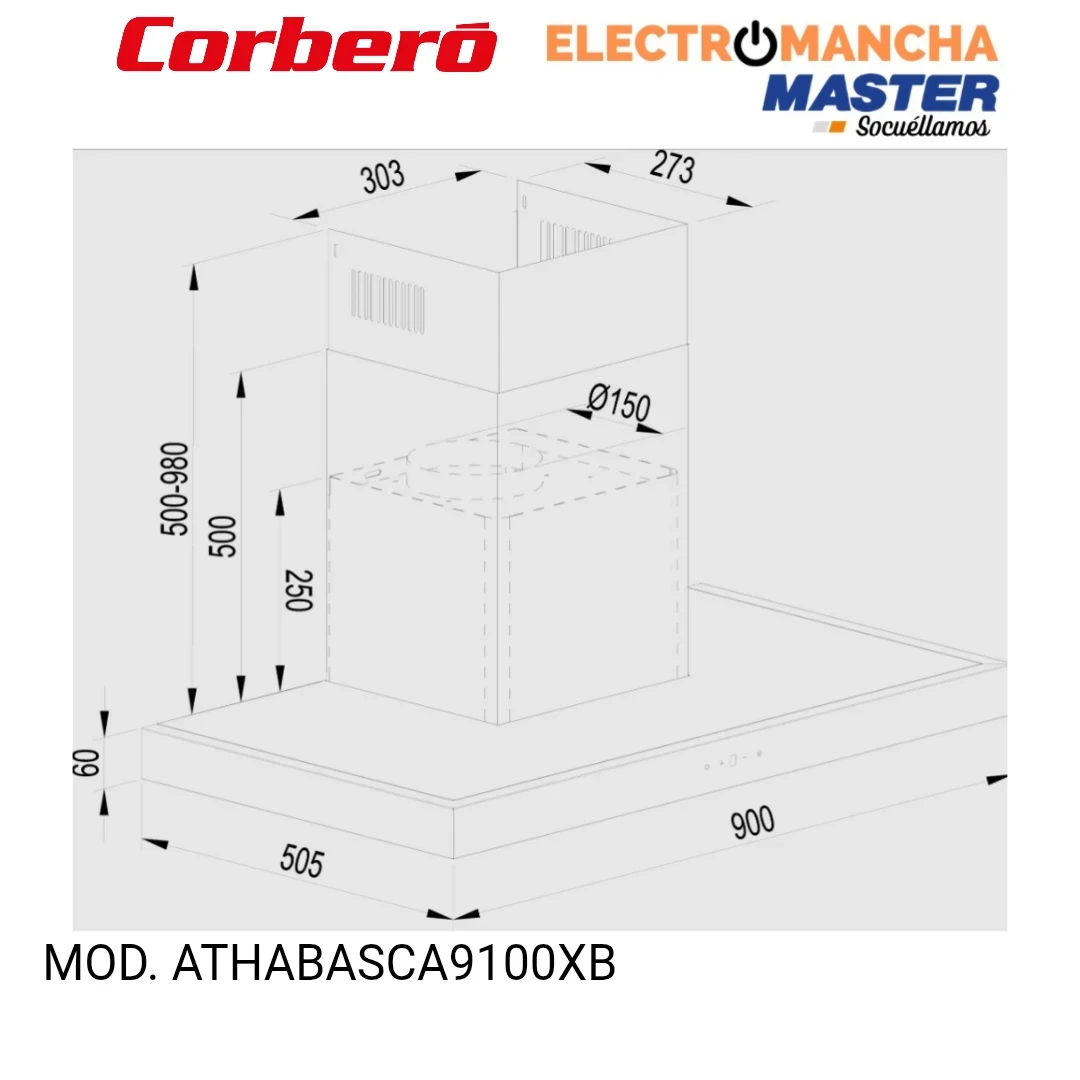 CAMPANA CORBERO ATHABASCA9100XB  90 CM. 958M3H A++ INOX 2
