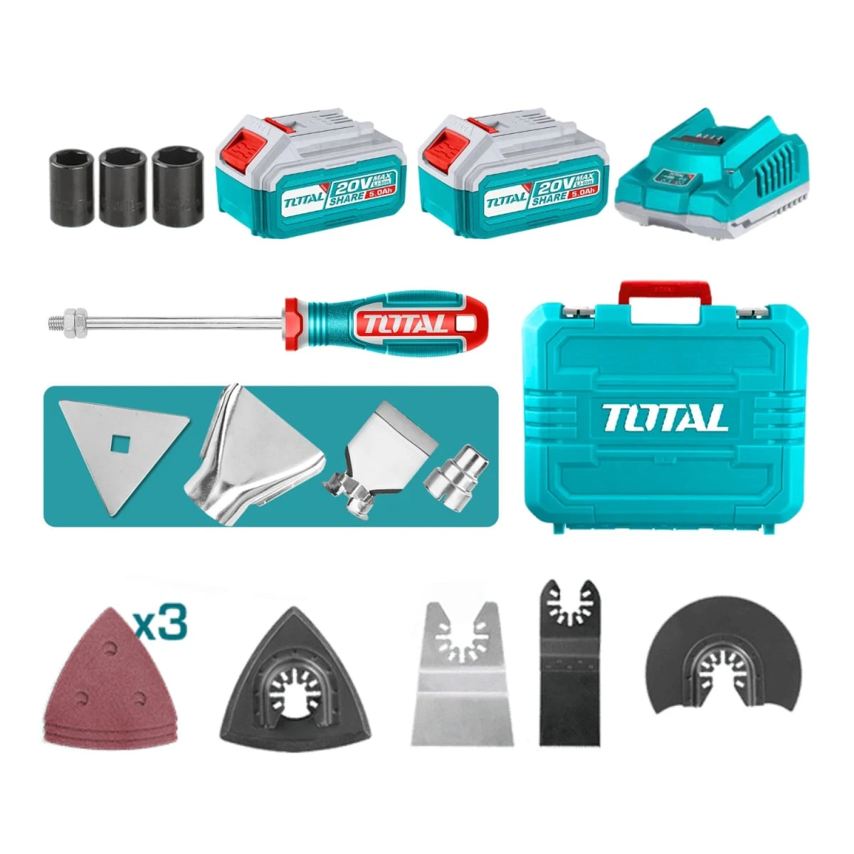 Taladro percutor 66nm + llave de impacto + pistola de calor + herramienta multifunción total 7