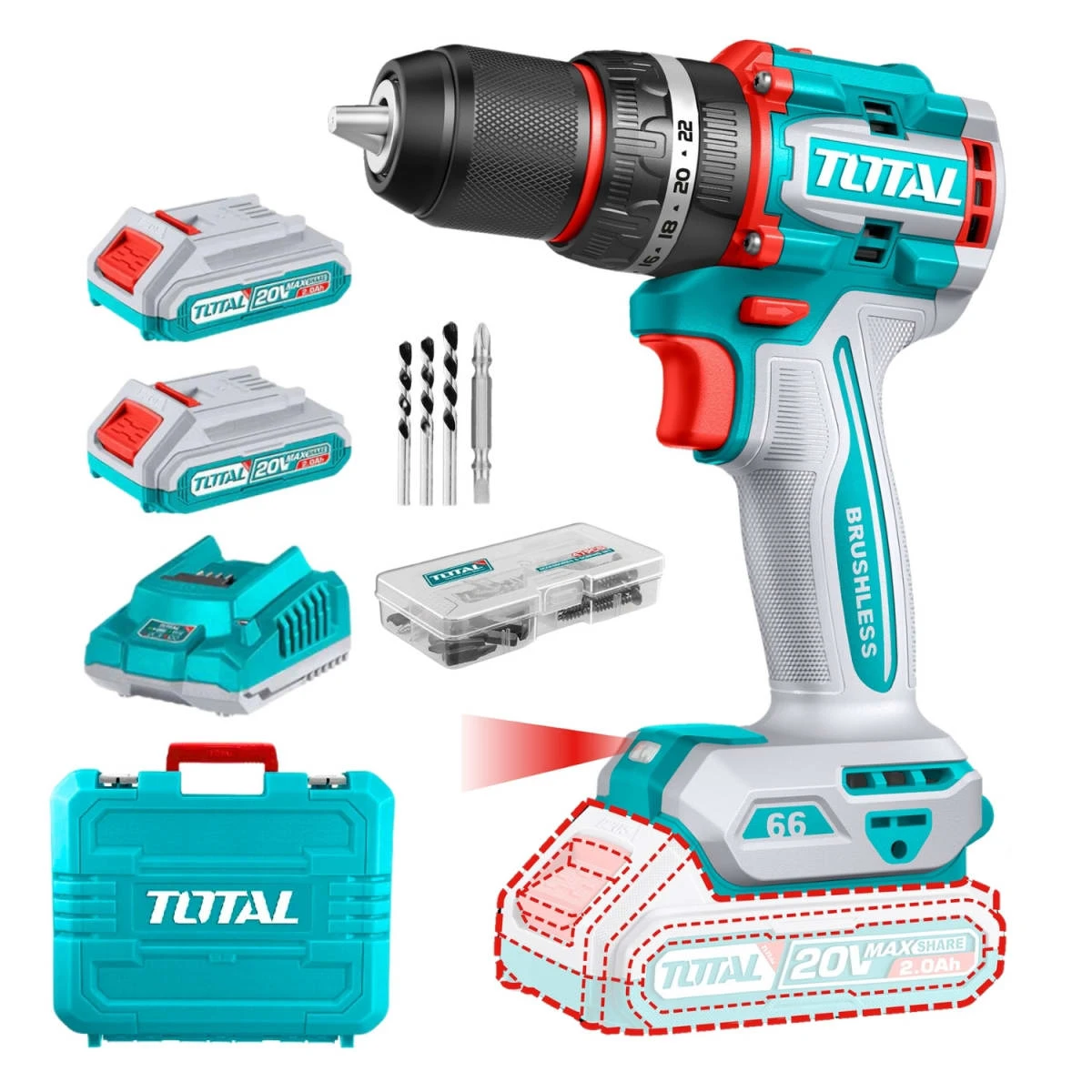 TAGLI21154-TIDLI20668 Amoladora angular 4 ½" inalámbrica total + taladro percutor 66nm con bateria y cargador 9