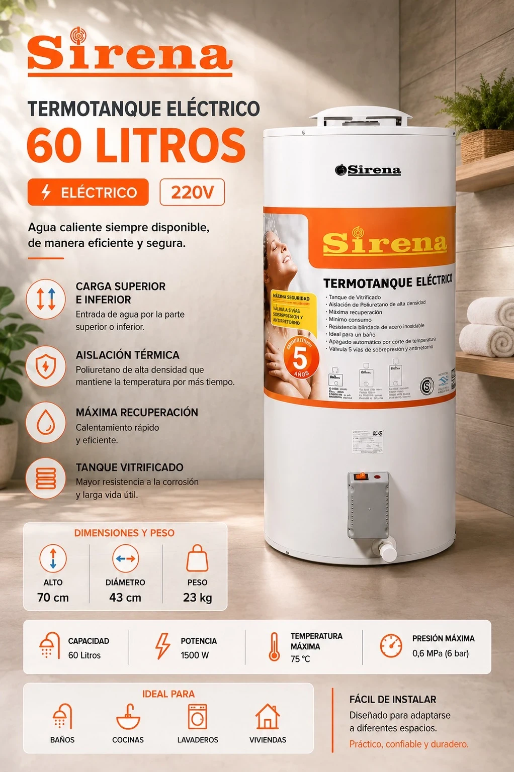 TERMOTANQUE ELECTRICO SIRENA 60LTS CARGA SUPERIOR E INFERIOR 