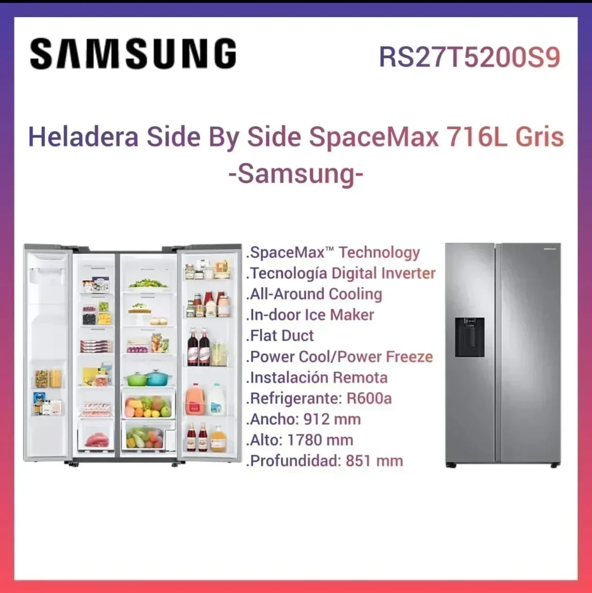 Heladera SAMSUNG Side By Side Spacemax716l Rs27t5200s9 Color Refined inox