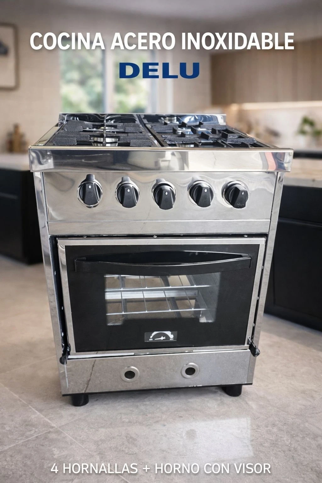 COCINA DELU 4 HORNALLAS ACERO INOXIDABLE GAS ENVASADO TAPA DE VIDRIO 60CM