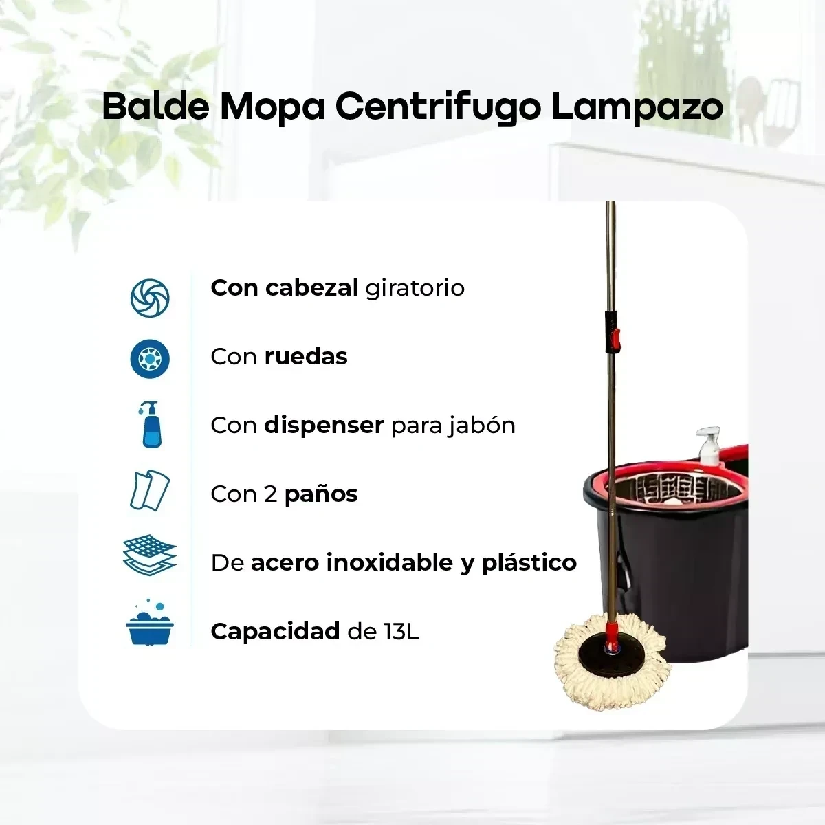 Mopa Lampazo Escurridor Waggs Msk-001 Con Balde Centrifugador Negro