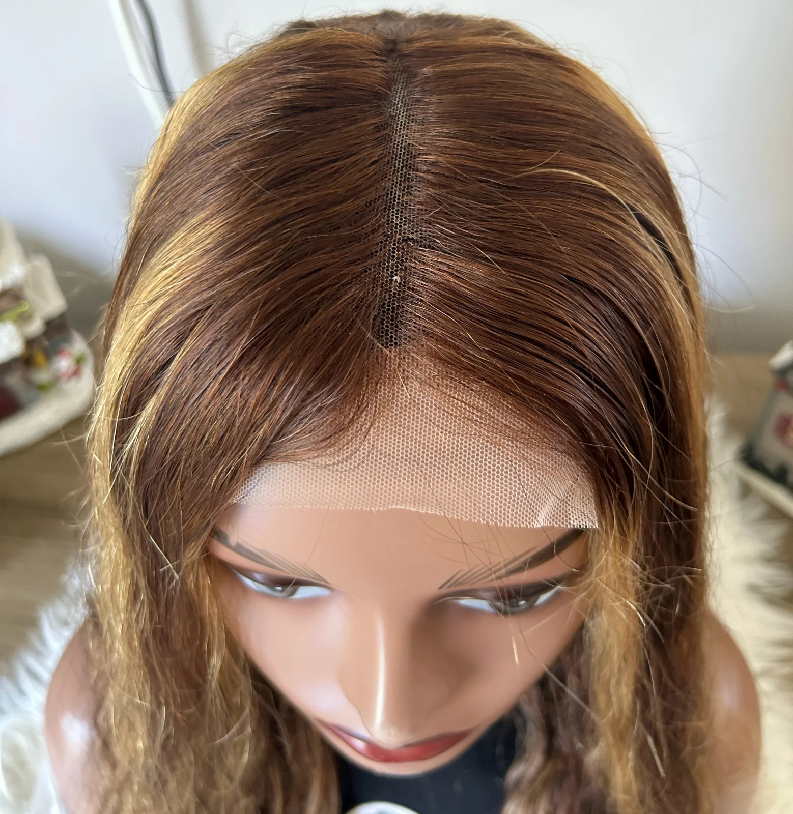 Peluca de cabello humano brasileño Remy con reflejos rubios degradado T4/27, frontal lace 4x4  densidad media 5