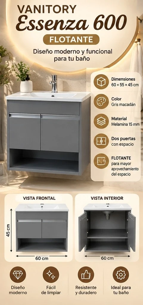 VANITORY ESSENZA 600 FLOTANTE GRIS MACADÁN *CONSULTA DISPONIBILIDAD CON EL VENDEDOR*