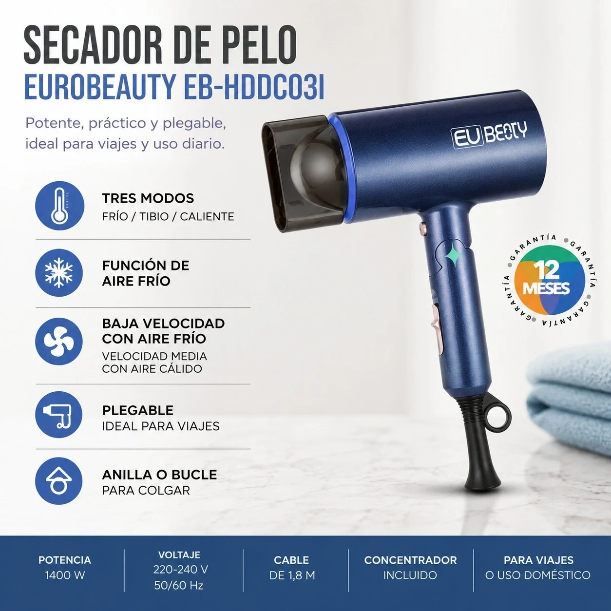 SECADOR DE PELO EUROBEAUTY EB-HDDC03I -AZUL