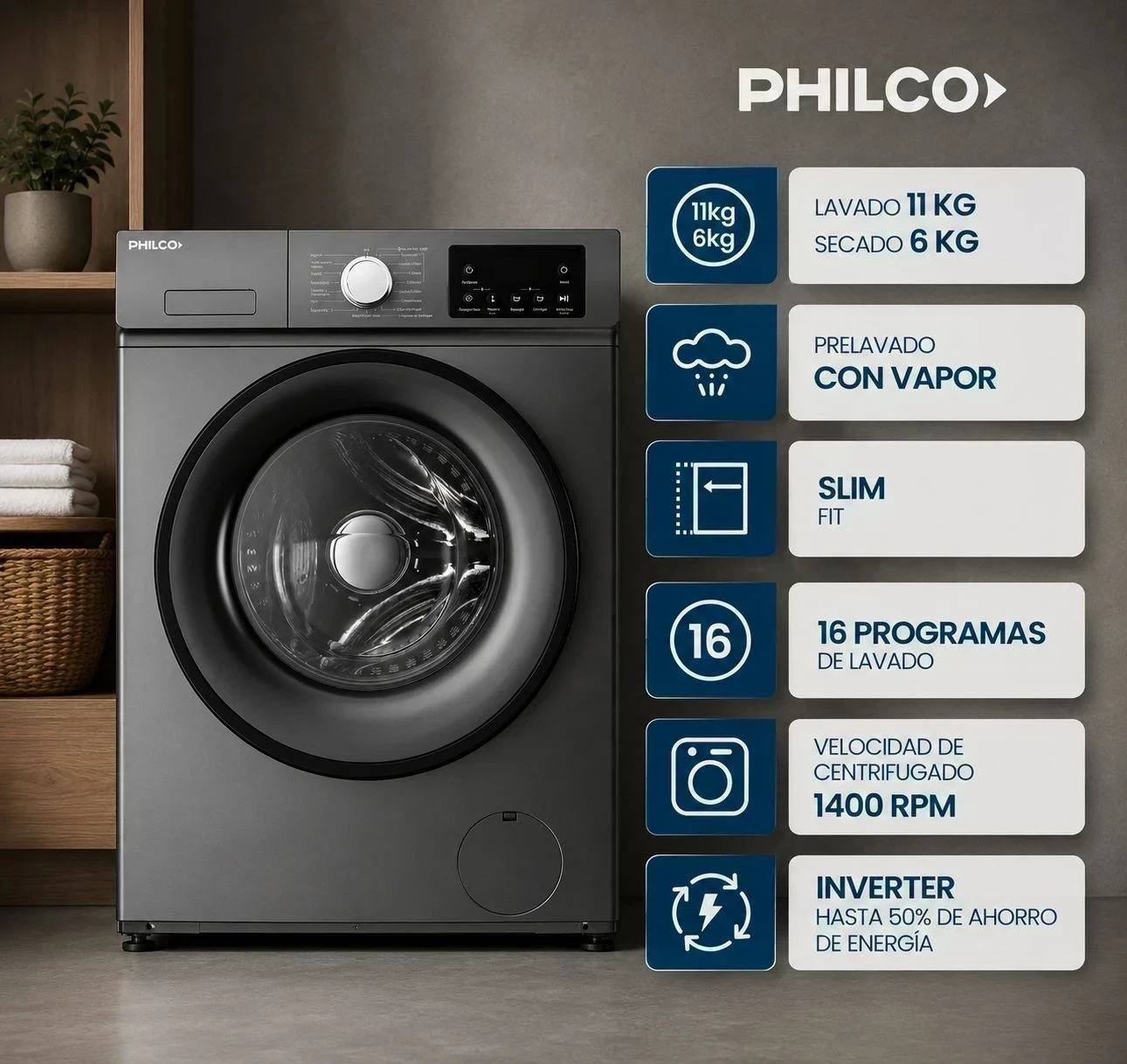 LAVASECARROPAS PHILCO 11KG + 6 KG SILVER INVERTER ‼️SOLO POR PEDIDOS‼️