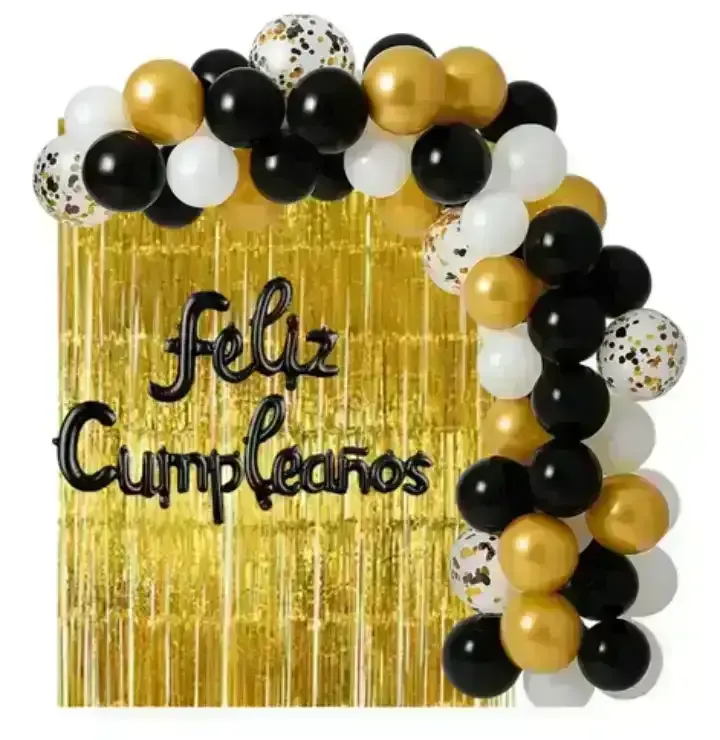 Set guirnalda globos c/cortina dorado/negro 69 pcs