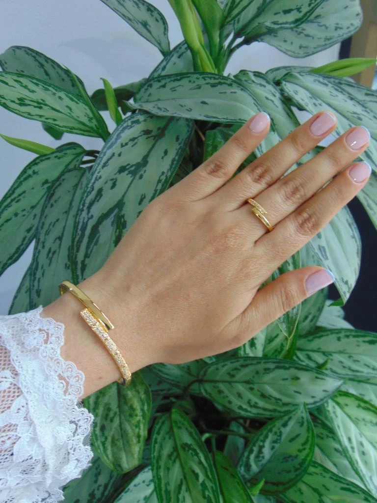 PULSERA + ANILLO RODIO DOR ARO LINEA MEDIO LISO MICROCIRCONES