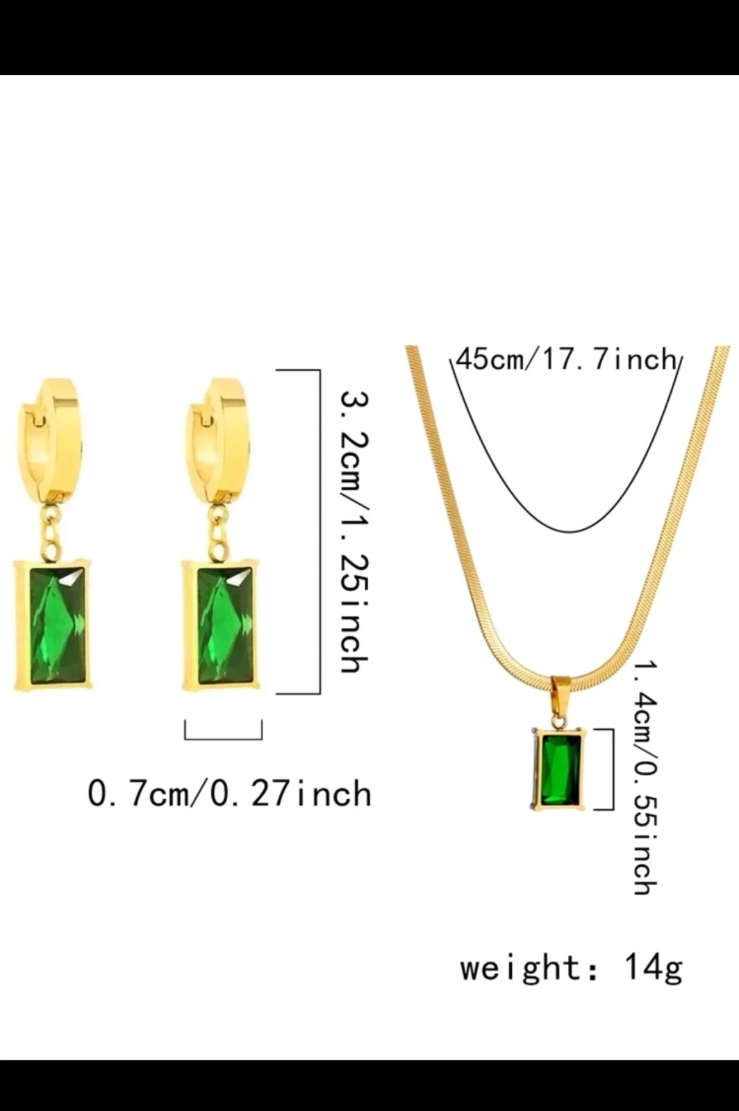 Set de Joyería Esmeralda Vintage - Cadena Plana y Zarcillos en Acero Inoxidable con Baño de Oro 18K 10