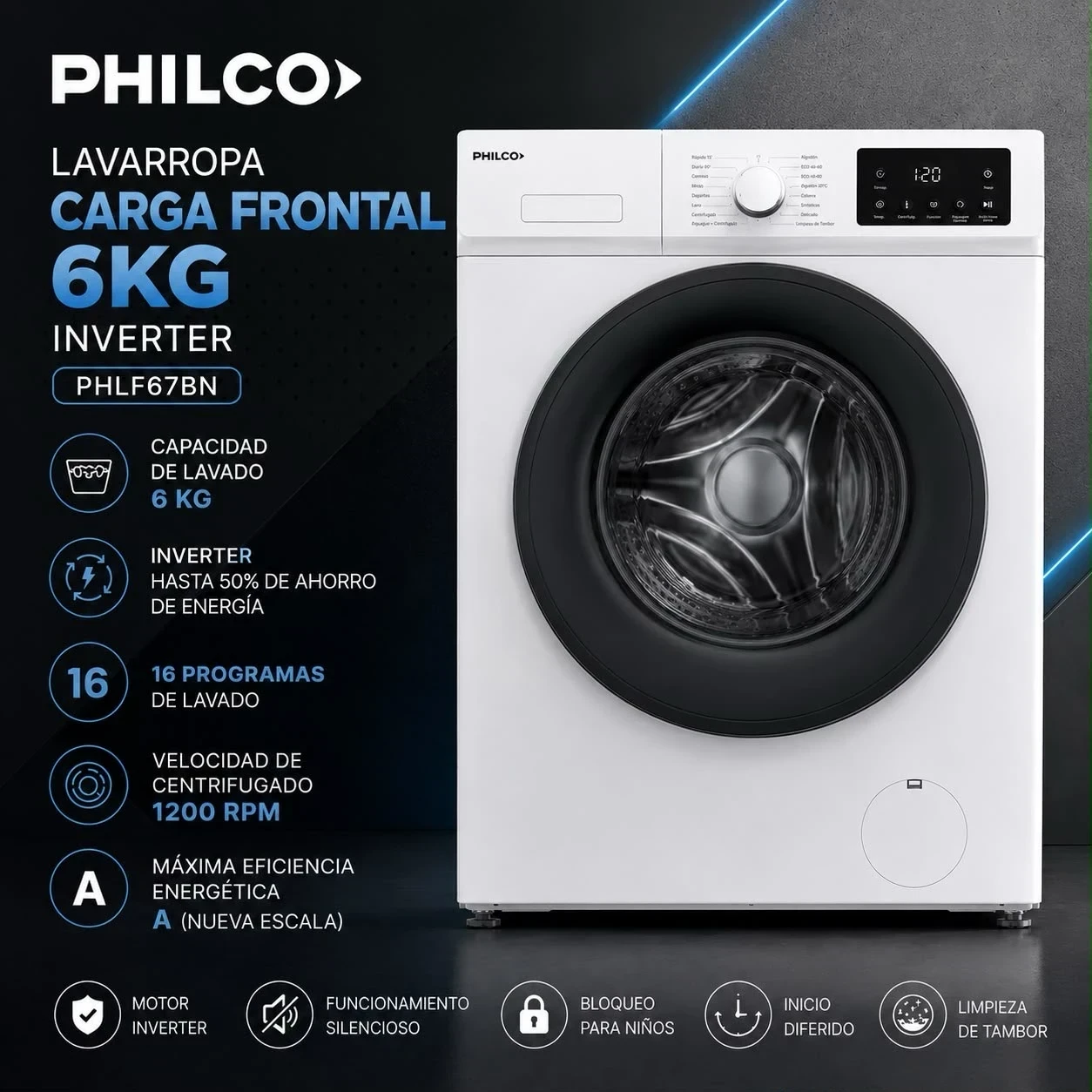LAVARROPA PHILCO 6K BLANCO INVERTER
