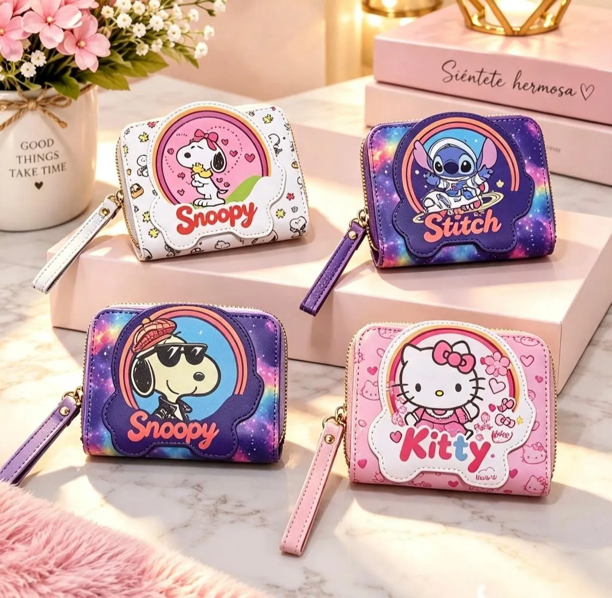 billetera Snoppy, Stitch y Hello Kitty 