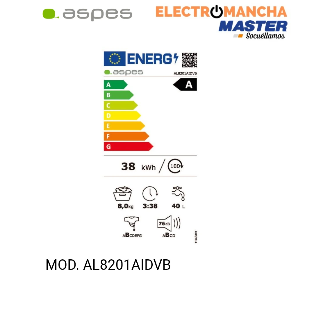 LAVADORA ASPES AL8201AIDVB 8 KILOS 1200 RPM  CLASE A 8