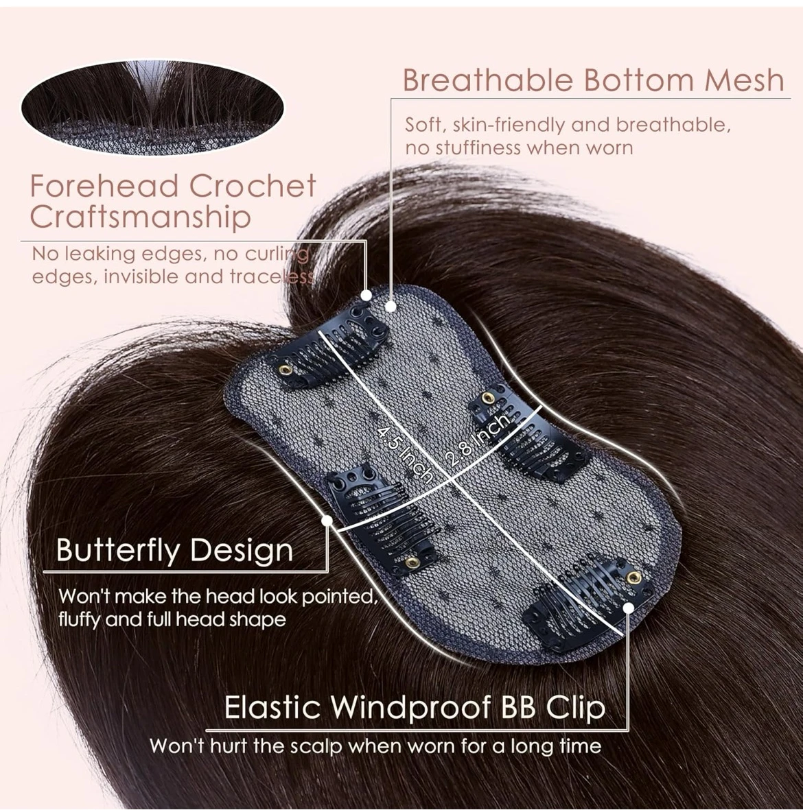 Toppers de cabello humano real para mujer, 10 pulgadas, 1.06 oz, castaño medio, para mujer, 150% de densidad, base de seda, parte media, clip en piezas, cabello lacio para cabello fino 3