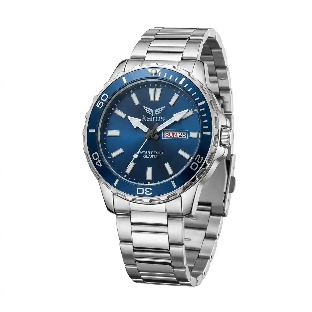 Reloj Kairos Original Acero Análogo Plateado Fondo Azul
