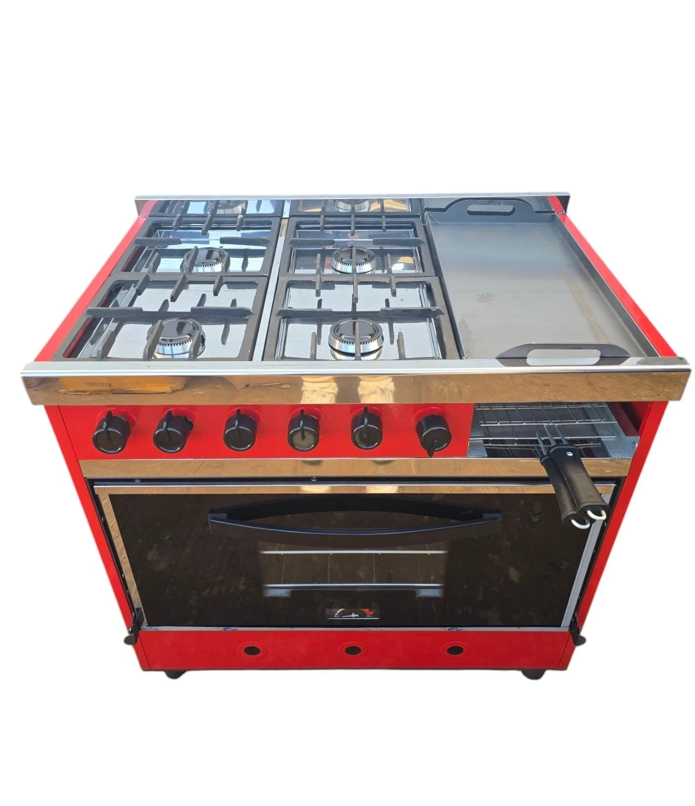 COCINA INDUSTRIAL MULTIROSARIO 4HORNALLAS C/PLANCHETA Y CARLITERO T/VIDRIO 82CM ROJA