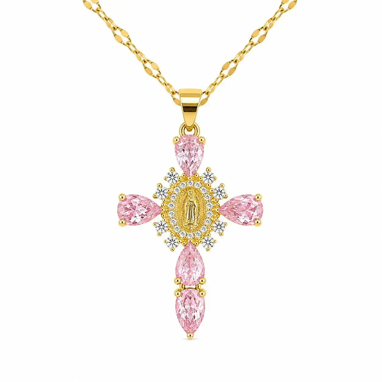 Cadena Y Dije En Acero Con Piedra Circon De Cruz Virgen De Guadalupe Rosa