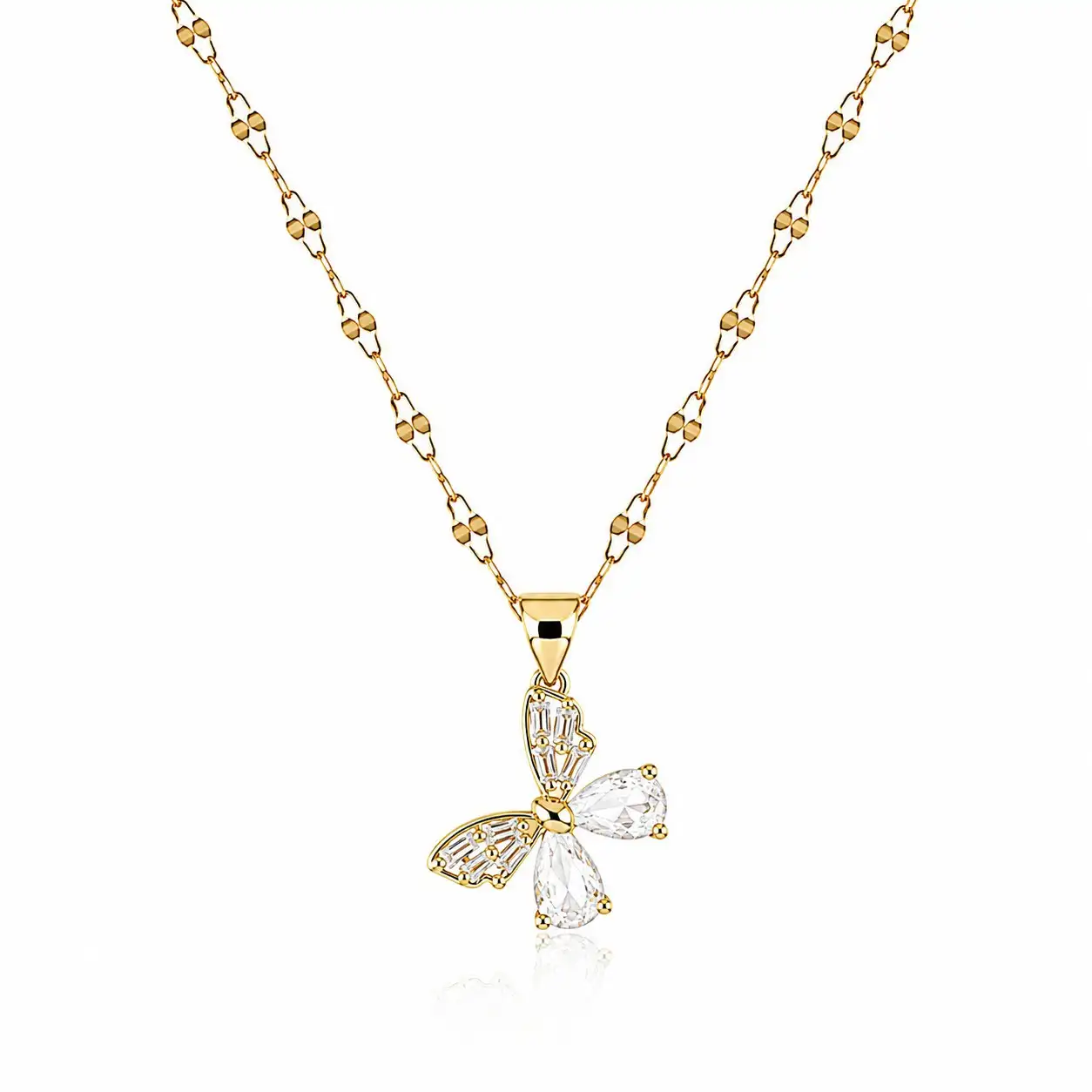Cadena Y Dije En Acero Con Piedra Circon De Mariposa Blanca