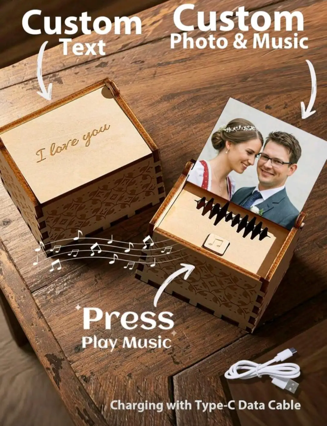 Caja de música personalizada para boda - Recuerdo de madera con grabado láser personalizado con foto y mensaje sincero, regalo de boda, regalo del Día de la Madre, regalo del Día del Padre, regalo único para parejas, papá, mamá, abuela, nuevas mamás, vínculo madre-hija, primer Día de la Madre, celebración de aniversario, regalo de vacaciones de verano, regalo conmemorativo, multifuncional, ornamental, de alta calidad, regalos ideales para ella, salón de té, para el Día de San Valentín, para el Día de la Madre, para el Día del Padre, para la graduación, para bodas, para el estreno de una casa, multifuncional, ornamental, reutilizable, exquisito, elegante, de alta calidad, colorido, moderno, personalizado, único, regalos ideales para él, regalos ideales para ella, novio, papá, novia, mamá, familia, amigos, salón de té, hogar, jardín, oficina, para aniversarios, para el Día de San Valentín, para el Día de la Madre, para cumpleaños, para el Día del Padre, para graduación, para boda 2