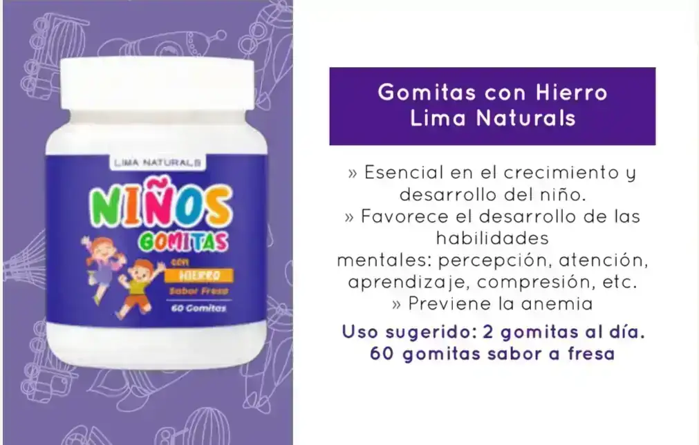Gomitas con Hierro 60 unidades (sabor a fresa) Lima Naturals