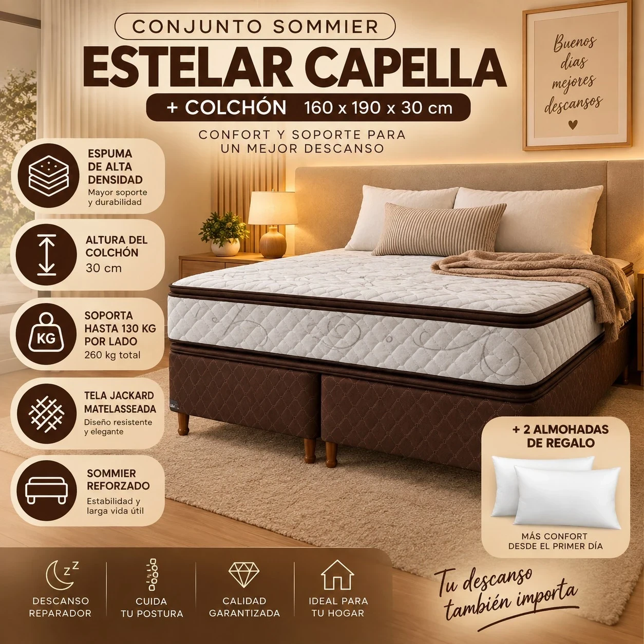  CONJUNTO SOMMIER ESTELAR + COLCHÓN CAPELLA — QUEEN 160 × 190 × 30 cm | ESPUMA DE ALTA DENSIDAD CONSULTAR DISPONIBILIDAD CON EL VENDEDOR 